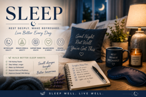 Sleep wellness poster with tips for better sleep, stress relief, and a nightly routine