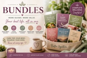 Promotional graphic for wellness bundles with guides on nutrition, sleep, strength, women’s health, aging, mindset, and energy