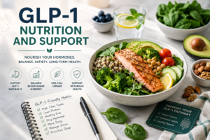 GLP-1 nutrition and support graphic with salmon, vegetables, avocado, and GLP-1 friendly habits checklist