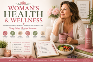 Woman’s Health & Wellness poster with a woman at a desk, plus tips on hormones, energy, heart health, bones, and self-care