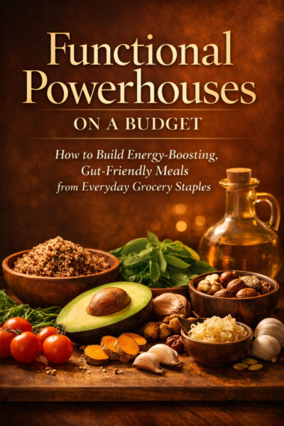 Functional Powerhouses on a Budget cookbook cover with wholesome ingredients
